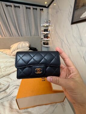 CHANEL Black Quilted Leather Compact Wallet with Gold CC Turnlock